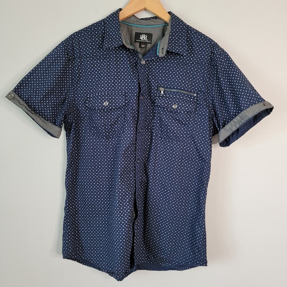 Rock & Republic Navy Button Shirt Short Sleeve Mens L Rockabilly Rocker Western
